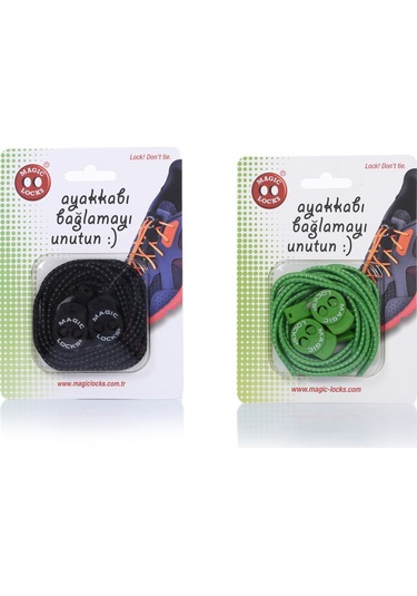 Magic Locks Yuvarlak Akıllı Ayakkabı Bağcık 2'li Set Siyah-Yeşil