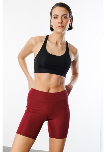 Yüksek Bel Toparlayıcı Çift Cepli Biker Şort Kısa Spor Tayt Kısa-tayt Bordo
