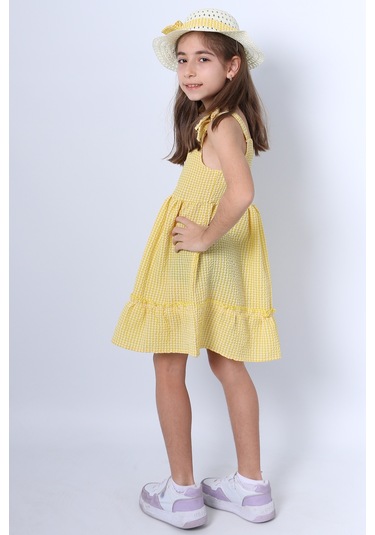 Kız Çocuk Şapkalı Elbise Kareli Fiyonklu B33 Sarı