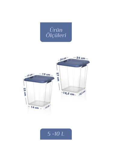 2'li Set 5-10l Kilit Kapak Saklama Kutusu Deterjanlık - Un Bakliyat Erzak Saklama Kabı Organizer Box Mavi