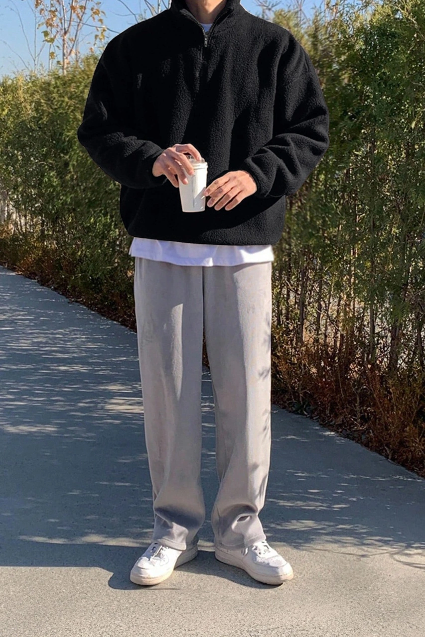 Ghassy Co. Erkek Ultra Isı Peluş Sherpa Oversize Yarım Metal Fermuar Lastik Ayarlı Polar Sweatshirt Siyah