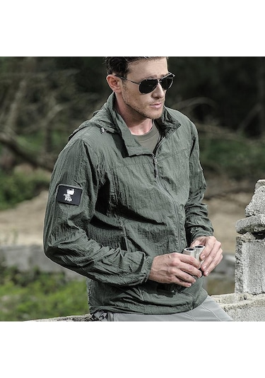 Su Geçirmez Hızlı Kuru Taktik Deri Ceket Erkekler Kapşonlu Yağmurluk Ince Rüzgarlık Güneş Koruyucu Ordu Askeri Ceket Haki