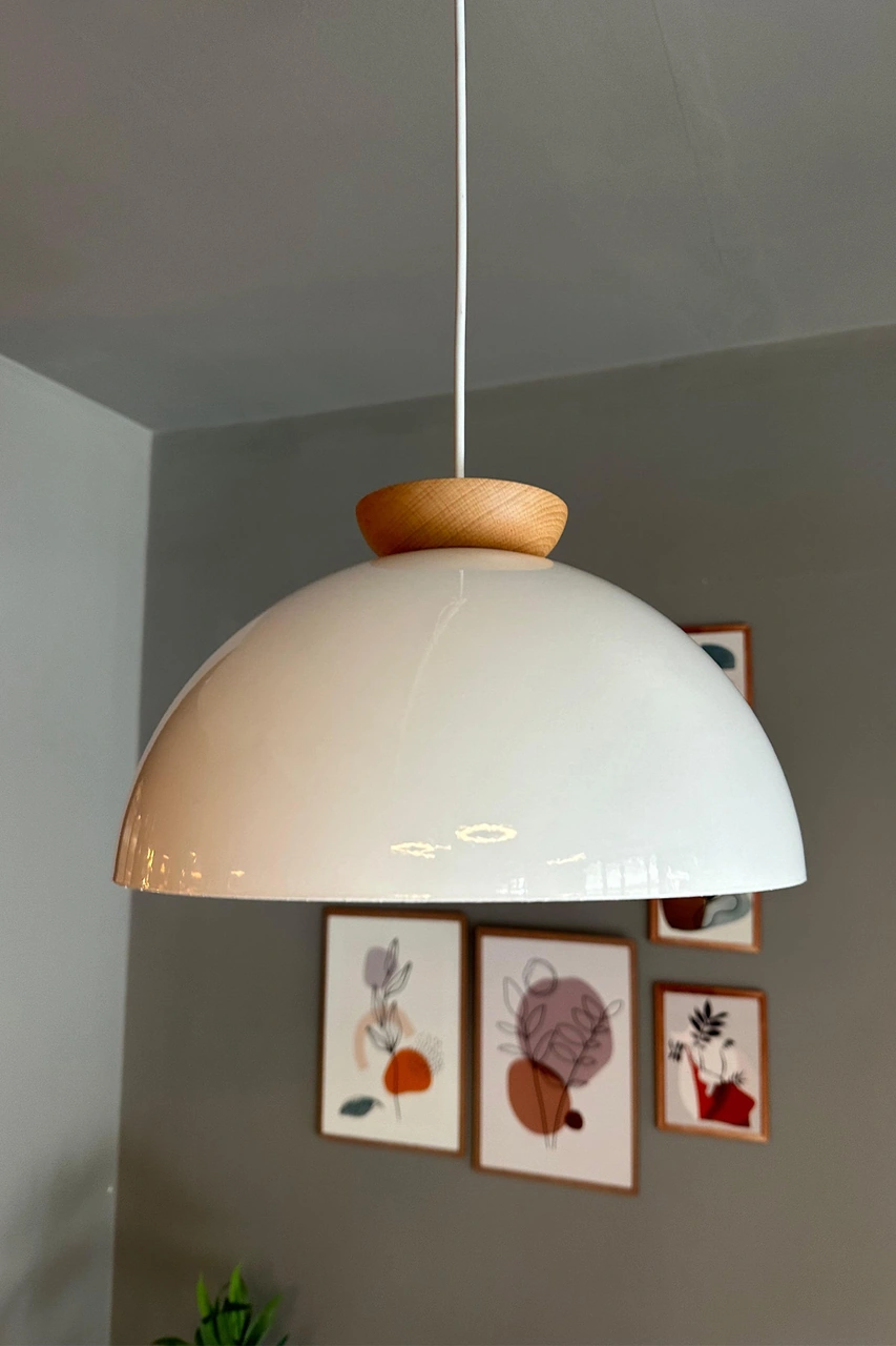 Yimpi Beyaz Avize Ahşap Tekli Sarkıt Salon Kuaför Cafe Dekoratif Aydınlatma Pastane Beyaz