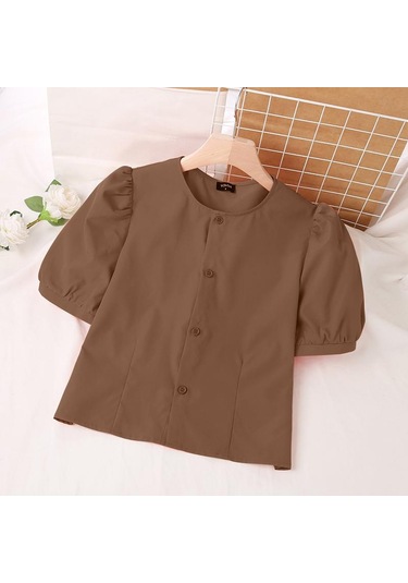 Haki Vonda Kadın Yaz Yuvarlak Yaka Puf Kısa Kollu Düğmeli Düz Renk Bol Bluz Haki