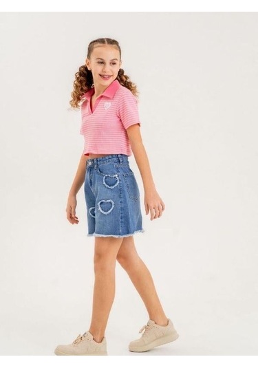 Kız Çocuk Kalp İşlemeli Denim Şort-13912 Mavi