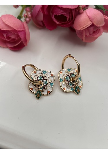 Kadın Etnik Charm Beyaz Desenli Çelik Kaplama Sallantılı Küpe Beyaz