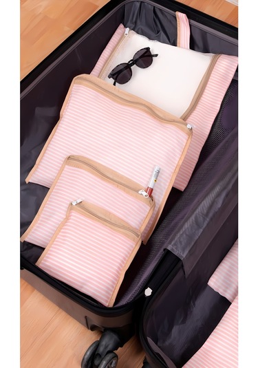 6'lı Bej Valiz Düzenleyici I Bavul Içi Organizer Set I Seyahat Hurcu X Açık Pembe