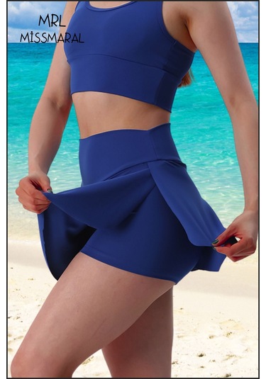 Mini Şort Etek Görünümlü Etek Içi Şortlu Cepli Spor Tasarım Tenis Deniz Havuz Fitness Mavi 1107 Mavi