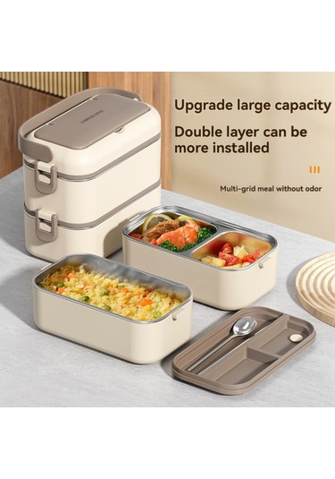 Xindoker 304 Paslanmaz Çelik Çift Katlı Isı Tutucu Yemek Kutusu, Su Enjeksiyonu İle Isınabilir, Sıvı Geçirmez, Çatal Kaşık Dahil, Kahverengi