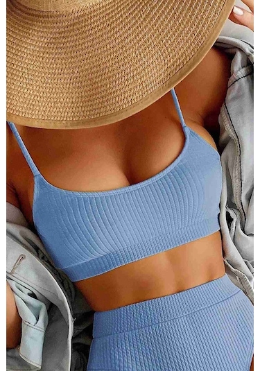Angelsin Yüksek Bel Özel Kumaş Tankini Bikini Üstü Mavi 001