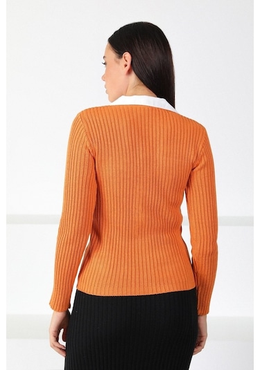 Ferraro Orange Gömlek Yaka Kadın Triko Hırka Turuncu