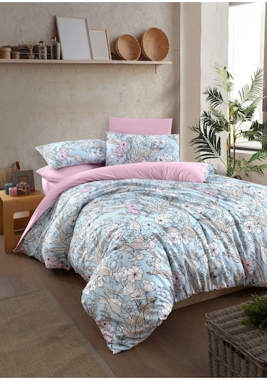 Mystory Home  Lastikli Çarşaflı Çift Kişilik Nevresim Takımı Fiore Mavi Pembe