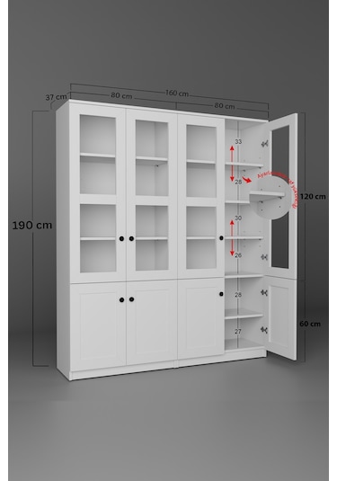 Lisa 8 Kapaklı Beyaz Vitrin Seti - Kitaplık Ve Çok Amaçlı Dolap Beyaz