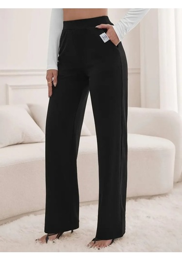 Leyla Sanat Sanata Yeni Bir Bakış Açısı Kadın Yüksek Bel Cepli Geniş Kesim Ithal Krep Pantolon Siyah