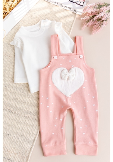 Kalp Desenli Fiyonklu Kız Bebek Tulum Salopet Takım Kırmızı