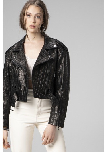 Dericlub H.quınn Crop Biker Kadın Deri Mont