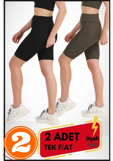 Kadın Kısa Siyah & Haki Şort Tayt 2'li Paket Lycralı Yüksek Bel Toparlayıcı Mevsimlik Biker 21074 Siyah - Haki