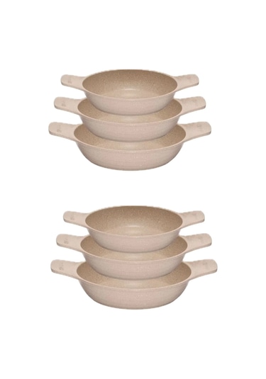 2 Adet Set Döküm Saplı Granit Güveç Sahan Set 6 Parça Vizon 18cm-20cm-22cm Vizon