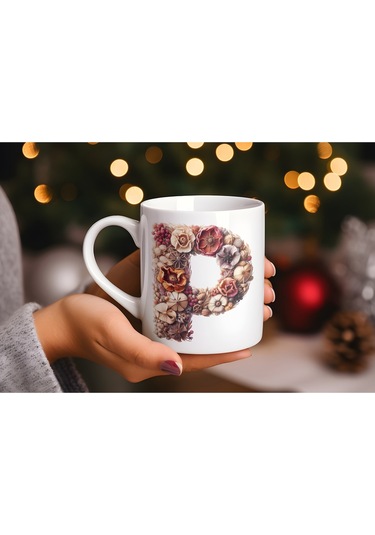 P Harfi Çiçek Desenli Kupa Bardak - Alfabe Harfleri İle Doğal Çiçekli Kupa - Hediye Fikir Beyaz