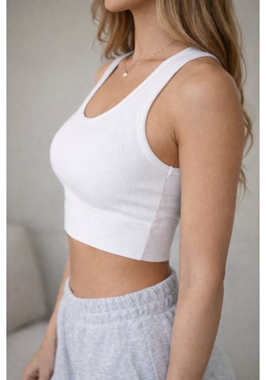 Enva Store Kadın Ribana Askılı Fitilli Crop Beyaz
