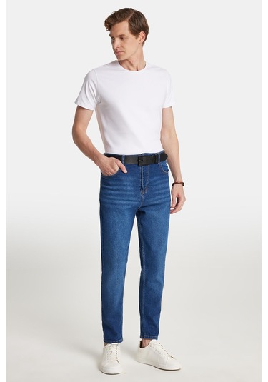 Erkek Straight Fit Bol Kesim Denim Yıkamalı Efektli Esnek Mavi Jean Kot Pantolon-34087 Mavi