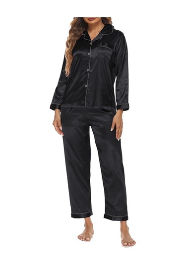 Kadın Pijama Takımı Uzun Kollu Çentikli Yaka Düğmeli Yumuşak Saten Pijama - Koyu Yeşil