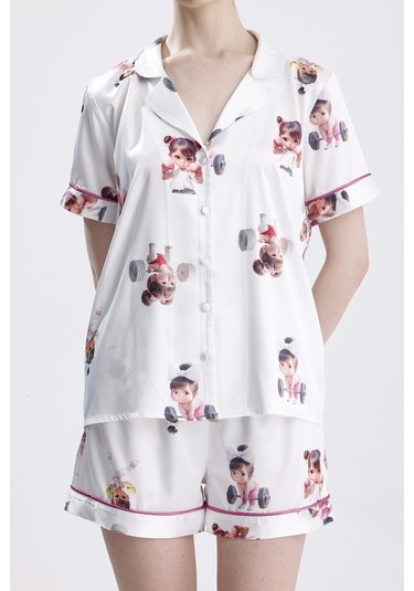 Laperissa Kadın Kısa Kol Şortlu Pijama Takımı Kız Bebek Desenli Yazlık Rahat Ev Giyim Beyaz