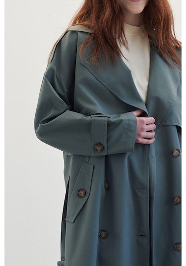 Manuka Düğmeli Kruvaze Trençkot Irmak Yeşil