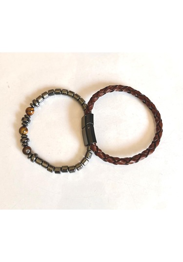 %100 Deri&hematit Kombin Kahve Erkek Bileklik Net 21cm Türk Malı Kahverengi - Siyah