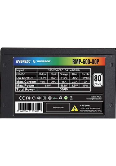 Rampage RMP-600-80P 600 W 12 CM 80+ Fanlı Güç Kaynağı