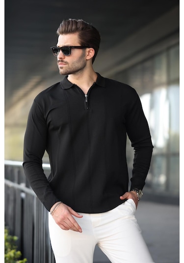 Siyah Polo Yaka Fermuarlı Erkek Kazak E7427 Siyah