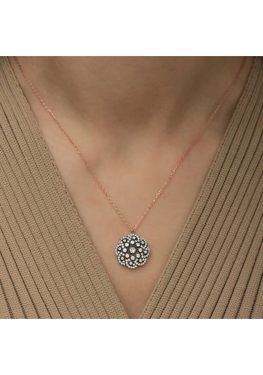 Gümüş Çiçek Desenli Elmas Montür Kolye (510926049)