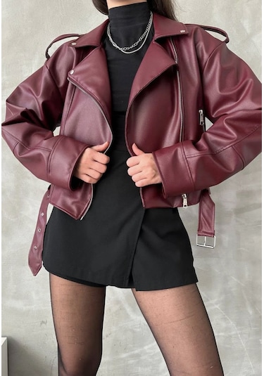 Prifaldi Suni Deri Crop Bıker Ceket Bordo