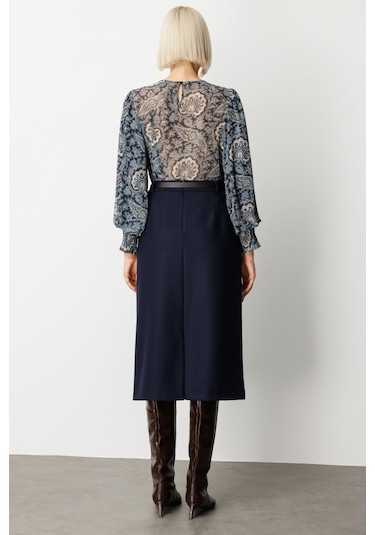 Ekol Kadın Beli Kemerli Yırtmaçlı Midi Etek 2009 Lacivert Lacivert