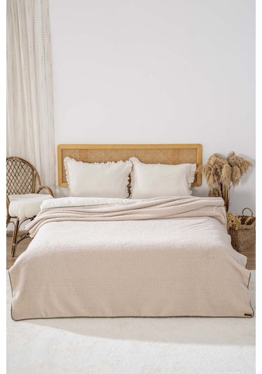 Bej Valencia Sherpa Çift Kişilik Peluş Battaniye Bej