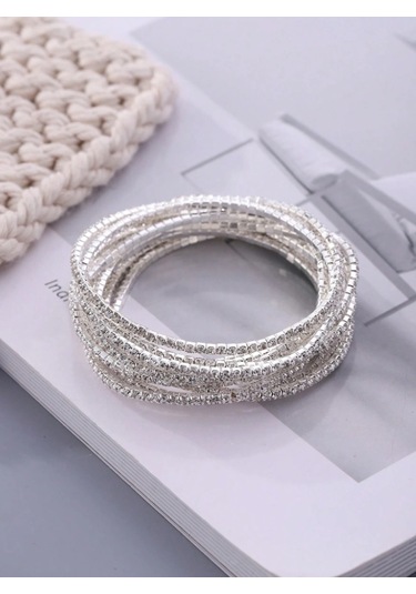 India Parlak Taşlı 3 Adet Minimal 925 Gümüş Kaplama Esnek Bileklik Çok Renkli