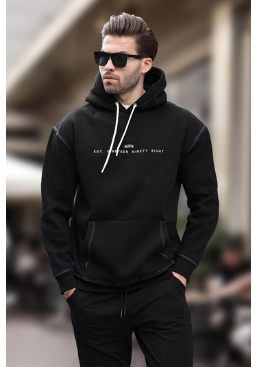 Madmext Siyah Kapüşonlu Nakış Detaylı Cepli Erkek Sweatshirt 7066-siyah Siyah