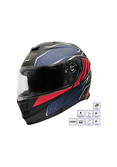 My Helmets Mks002-bbr Güneş Vizörlü Şeffaf Çene Açılır Motosiklet Kaskı Lacivert - Kırmızı - Siyah