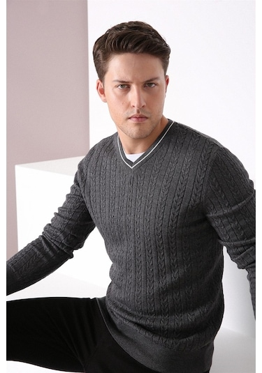 Ferraro Antrasit V Yaka Erkek Pamuk Kazak Antrasit (490435477) Antrasit