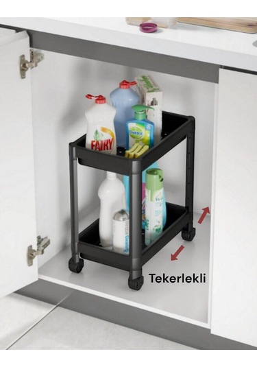 Maja 2 Adet 2 Katlı Siyah Tekerlekli Düzenleyici Mutfak Rafı Bany Siyah