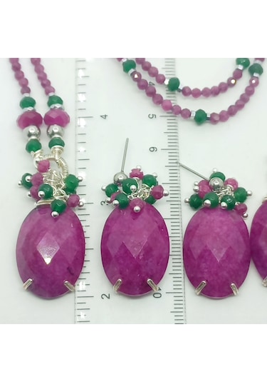 2790 Sıkma Yakut Yeşil Akik Hematit Kuvars El Yapımı Kolye 046 - Pembe