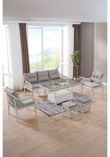 Joy Rattan Puflu Bahçe Balkon Takımı 3+1+1+ Camlı Masa Kemik Rengi Kemik