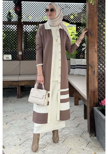 İmge Çizgili Triko Hırka Sütlü Kahve Çok Renkli