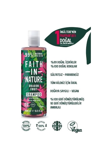 Faith in Nature%99 Doğal Canlandırıcı Şampuan Ejder Meyvesi Tüm Saç Tipleri İçin 400 ML