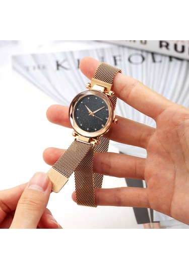 Samdoo Kadınlar İçin Pırlanta Takılı Yıldız Gökyüzü Dialı Milana Kayışlı Manyetik Kutulu Rose Gold Çelik Kasa Kol Saati Diğer