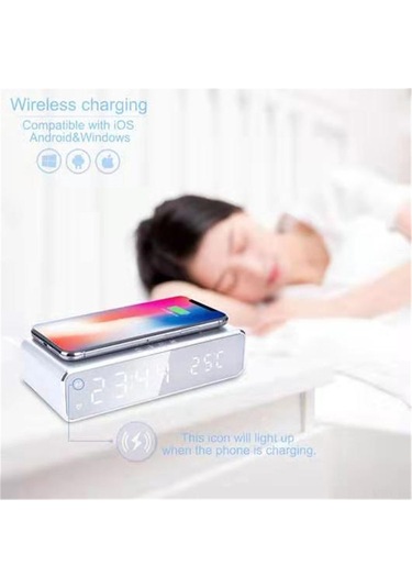Monyee Gümüş Multifonksiyonel Led Ekranlı Akıllı Alarm Saat - Kablosuz Şarj, Zaman Ve Sıcaklık Gösterici