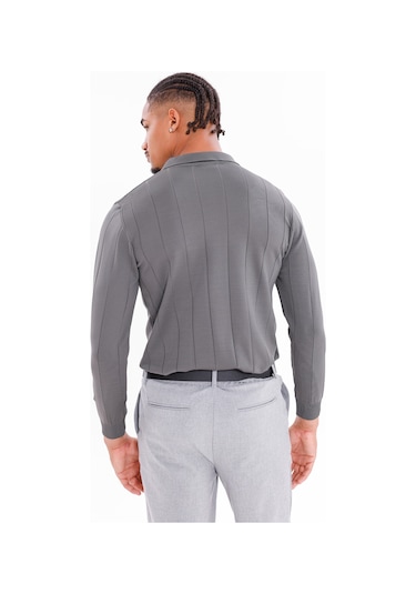 Monox Erkek Yarım Fermuarlı Polo Yaka Triko Kazak Füme