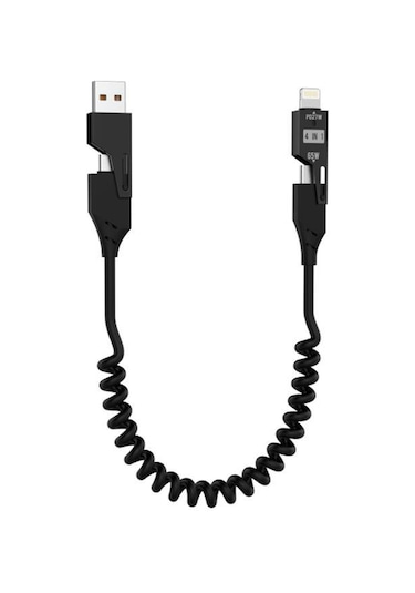 Torima U110 Siyah 4'ü 1 Arada Type-C Lightning Usb-A 65 W Super Hızlı Akordiyonlu Şarj Kablosu