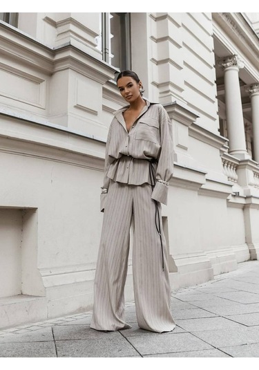 Oversize Çizgili Takım Bej Bej