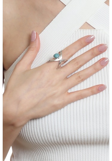 Labalaba Kadın Lak Gümüş Renk Kaplama Doğaltaşlı Ayarlanabilir El Yapımı Tasarım Yüzük Gümüş - Mavi